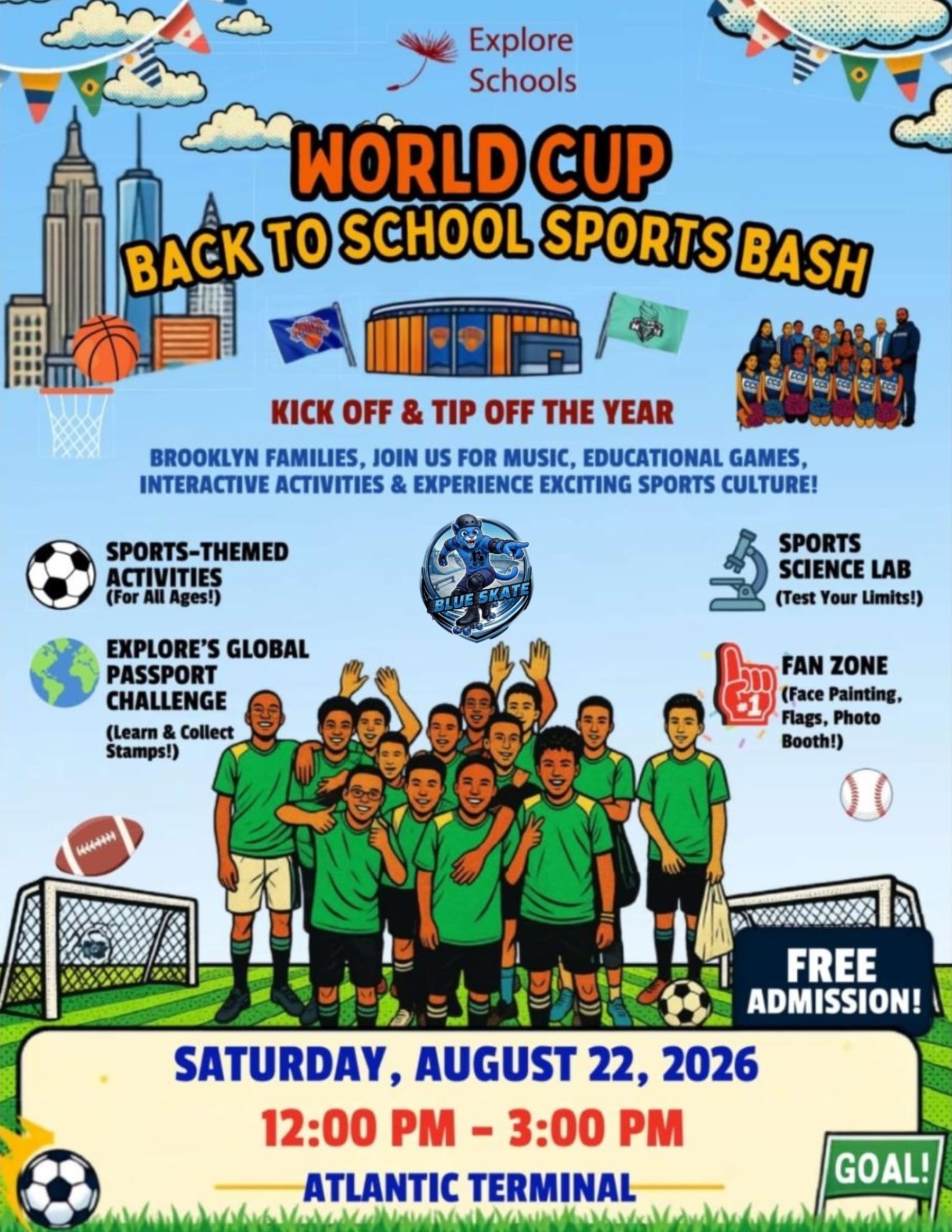 World Cup Back to School Sports Bash — Explore Schools event flyer, Saturday August 22 2026, 12:00 PM - 3:00 PM, Atlantic Terminal, free admission